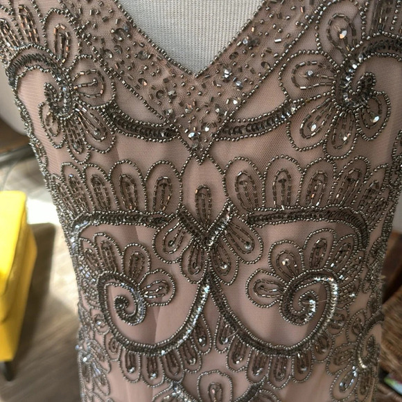 Beaded evening gown nude sheer wedding formal sleeveless natural size 10 dress - Picture 7 of 13